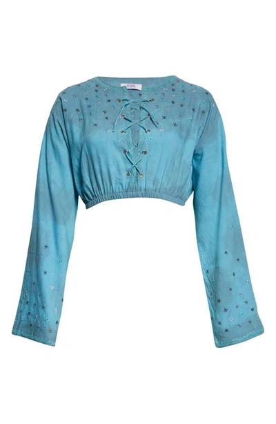 Erl Unisex Ocean Floral Embroidered Cotton Crop Top In Blue
