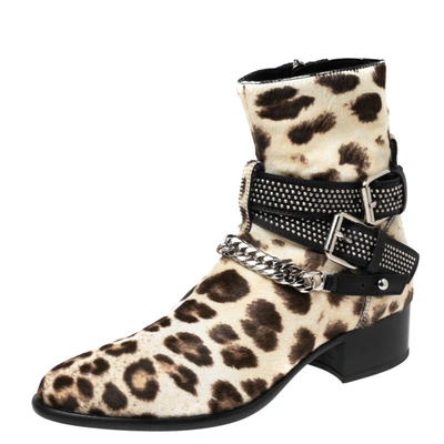 Pre-owned Amiri Brown/cream Leopard Print Calf Hair Moto Chain Leo Ankle Boots Size 40