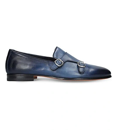 Santoni Carlos Double-strap Leather Monk Shoes In Navy