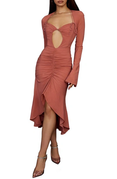 House Of Cb Reine Long Sleeve Silk Blend Cutout Midi Dress In Rose