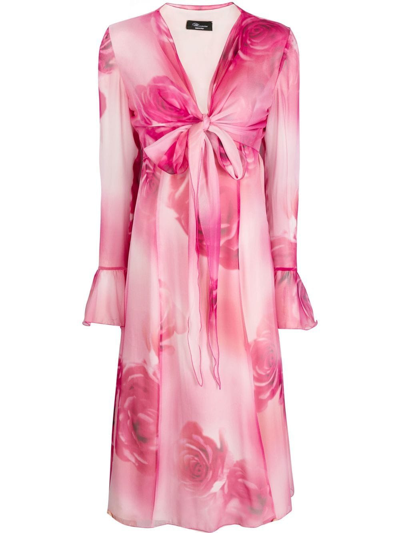 Blumarine Floral-print Tie-front Midi Dress In Pink