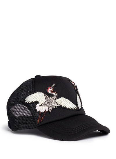 Venna Strass Star Crane Embroidered Baseball Cap In Black