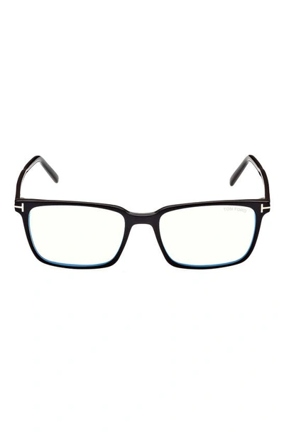 Tom Ford 55mm Rectangular Blue Light Blocking Glasses In Shiny Black