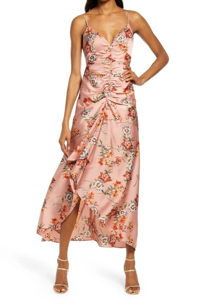 Floret Studios Floral Ruched Front Satin Midi Dress In Mauve Floral