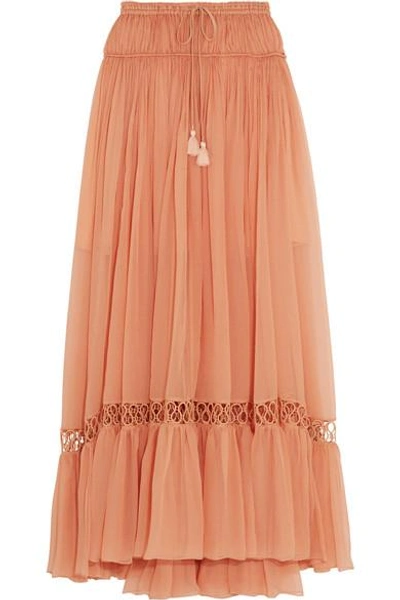 Chloé Tasseled Guipure Lace-trimmed Silk-crepon Maxi Skirt In Light Pink
