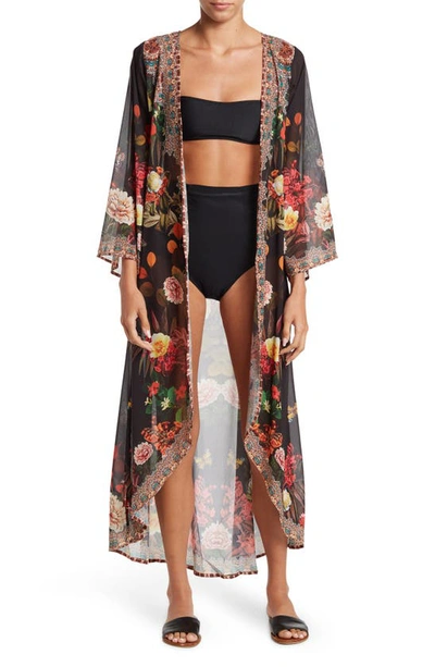 Ranee's Floral Print Cover-up Long Duster In Black