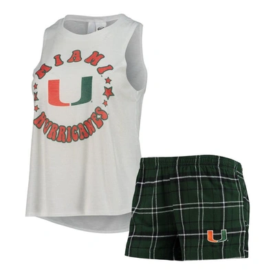 Concepts Sport Women's  Green, White Miami Hurricanes Ultimate Flannel Tank Top And Shorts Sleep Set In Green,white