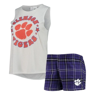 Concepts Sport Women's  Purple, White Clemson Tigers Ultimate Flannel Tank Top And Shorts Sleep Set In Purple,white