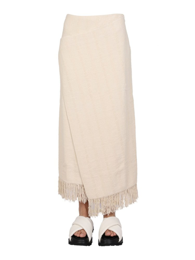 Jil Sander Cream Fringe-trimmed Cotton-blend Midi Skirt In Beige