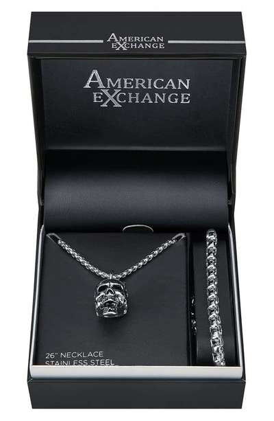 American Exchange Skull Pendant Necklace & Bracelet Set In Silver