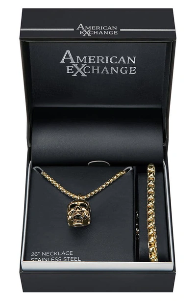American Exchange Skull Pendant Necklace & Bracelet Set In Gold