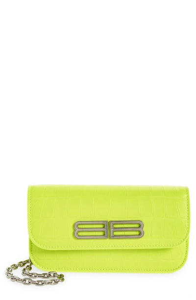 Balenciaga Gossip Bb Logo Croc Embossed Leather Wallet On A Chain In Fluo Yellow