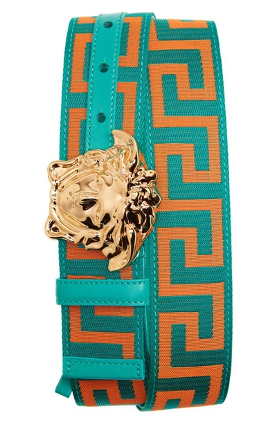 Versace First Line First Line La Medusa La Greca Web Belt In Turquoise Spritz-versace Gold