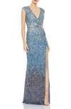 Mac Duggal Sequin Embellished Trumpet Gown In Blue Ombre