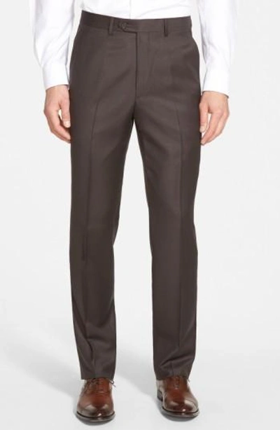 Santorelli Luxury Flat Front Wool Dress Pants In Espresso