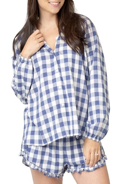 Nom Maternity Provence Print Maternity Shirt In Navy And White Plaid