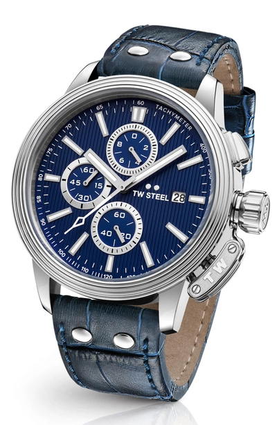 Tw Steel Ceo Adesso Chronograph Leather Strap Watch, 48mm In Blue/ Silver