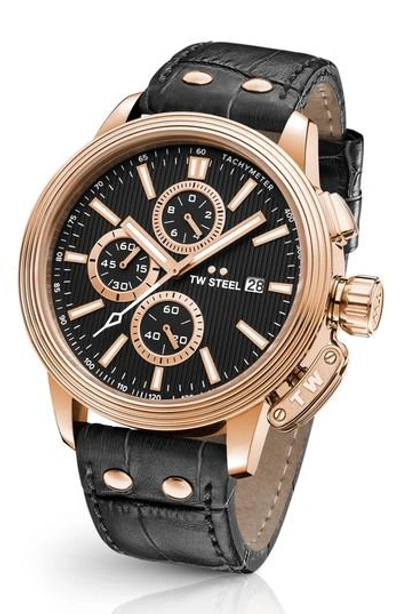 Tw Steel Ceo Adesso Chronograph Leather Strap Watch, 48mm In Black/ Rose Gold