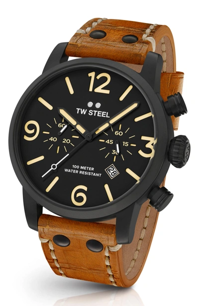 Tw Steel Maverick Chronograph Leather Strap Watch, 48mm In Sienna/ Black