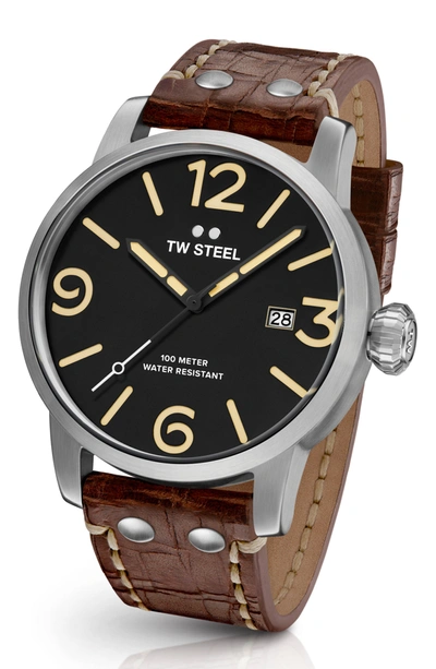 Tw Steel Maverick Leather Strap Watch, 48mm In Walnut/ Black/ Silver