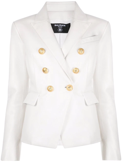 Balmain Double-breasted Leather Blazer In Blanc