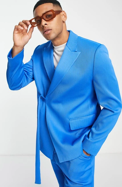 Asos Design Belted Suit Jacket In Electric Blue Plisse In Light Blue