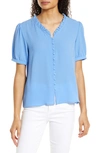 Cece Frill V-neck Button-up Blouse In Blue Jay