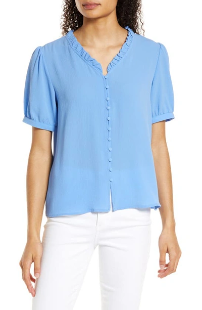 Cece Frill V-neck Button-up Blouse In Blue Jay