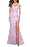 La Femme Strappy Back Stretch Lace Gown In Lavender