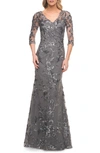 La Femme Exquisite Lace Beaded Long Gown In Grey