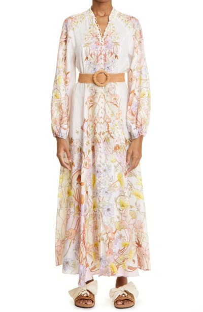 Zimmermann Jeannie Floral Button-front Long-sleeve Belted Maxi Dress In Floral Swirl