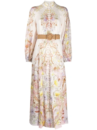Zimmermann Jeannie Floral Button-front Long-sleeve Belted Maxi Dress In Multicolor