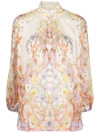 Zimmermann Jeannie Floral Long-balloon Sleeve Button-front Blouse In Floral Swirl