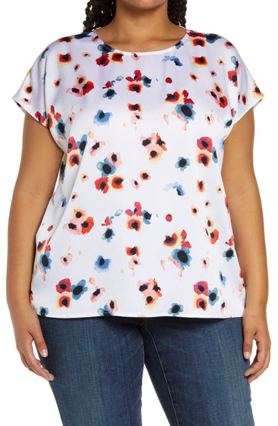 Halogen Cap Sleeve Satin Top In White Multi Floral Paint