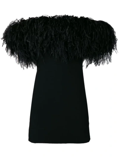 Saint Laurent Off-the-shoulder Ostrich Feather-trimmed Dress In Black