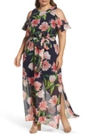 Eliza J Floral Chiffon Cold Shoulder Maxi Dress In Navy/ Coral