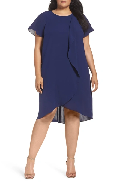 Adrianna Papell Crepe Ruffle Drape Shift Dress In Ocean Blue