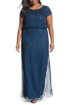 Adrianna Papell Beaded Blouson Gown In Deep Blue