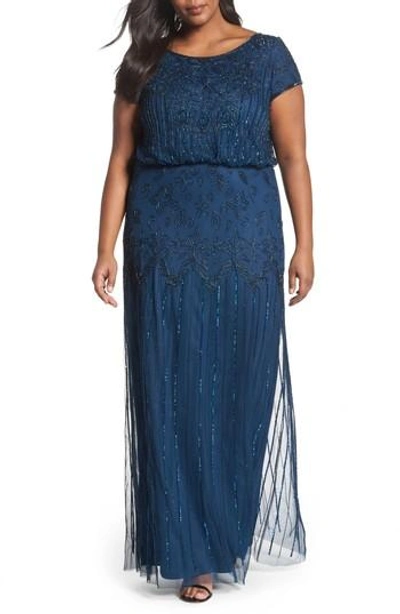 Adrianna Papell Beaded Blouson Gown In Deep Blue