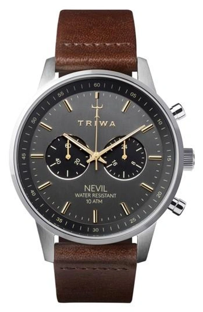Triwa Smoky Nevil Chronograph Leather Strap Watch, 42mm In Brown/ Grey/ Silver