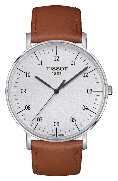 Tissot Everytime Leather Strap Watch, 42mm In Beige/ Silver
