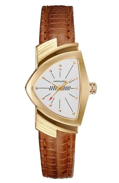 Hamilton Ventura Leather Strap Watch, 24mm X 36.5mm In Brown/ White/ Gold