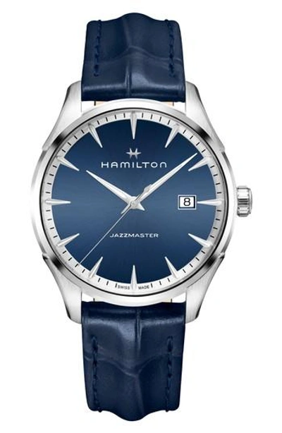 Hamilton Jazzmaster Gent Leather Strap Watch, 40mm In Blue/ Silver