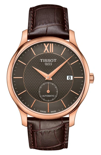 Tissot Tradition Automatic Leather Strap Watch, 40mm In Brown/ Anthracite/ Rose Gold