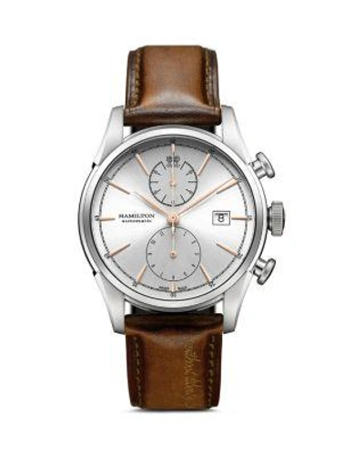 Hamilton American Classic Automatic Chronograph Leather Strap Watch, 42mm In Brown/ Silver