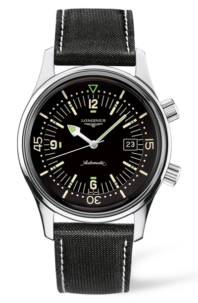 Longines Heritage Legend Diver Automatic Synthetic Strap Watch, 42mm In Black