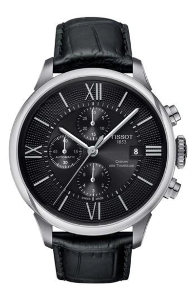 Tissot Chemin Des Tourelles Automatic Chronograph Leather Strap Watch, 44mm In Black/ Silver