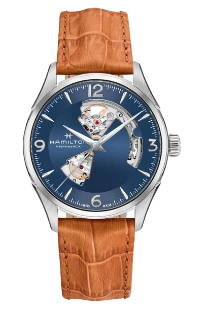 Hamilton Jazzmaster Open Heart Automatic Leather Strap Watch, 42mm In Brown/ Blue/ Silver