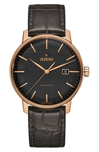 Rado Coupole Classic Automatic Leather Strap Watch, 41mm In Black/ Rose Gold