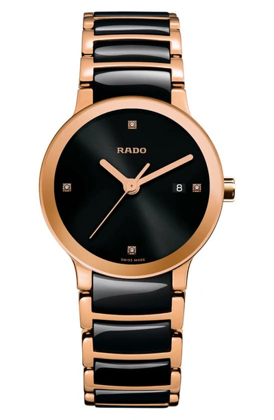 Rado Centrix Diamond Ceramic Bracelet Watch, 28mm In Black/rose Gold